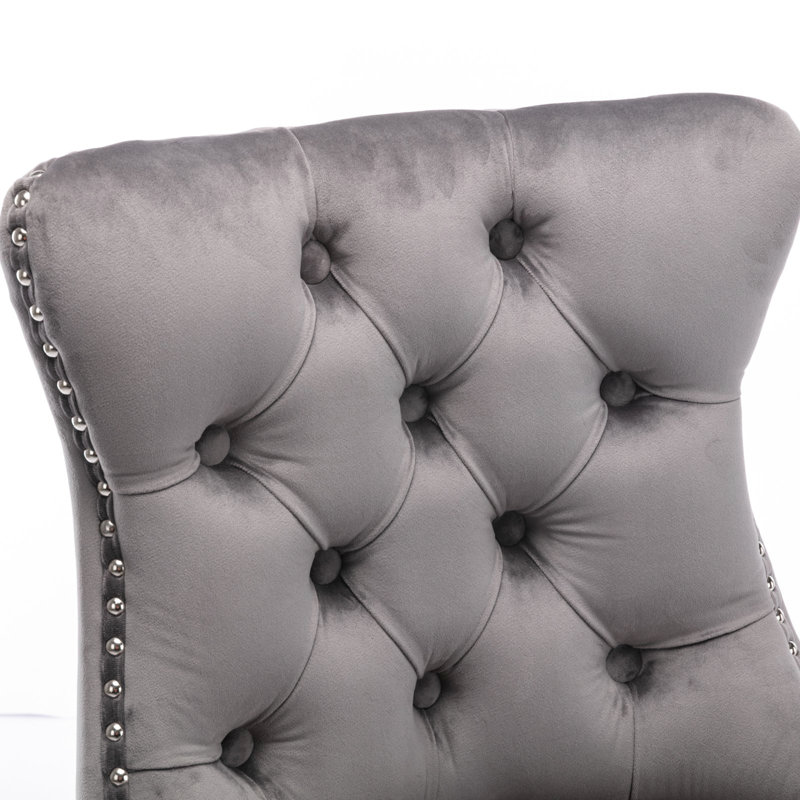 Chaises de bar modernes en velours de style Mid-Century avec capitonnage à boutons, pieds en bois massif, coussin en mousse à haute élasticité, hauteur réglable, de 2, revêtement de luxe gris, tissu, 2 rivets décoratifs gris