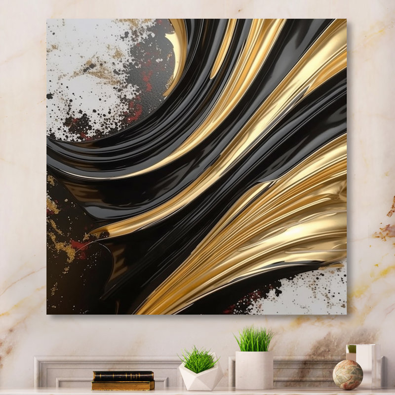 Contemporary Bliss - Minimalisme noir et or I - peinture murale abstraite, H 24 po x l 24 po x P 1 po, Toile tendue
