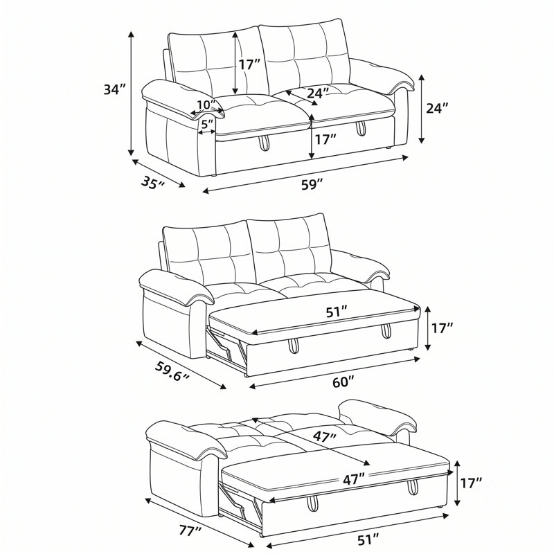 Canapé-lit escamotable 59 po 3-en-1 59 po, H 34 po x l 59 po x P 35 po