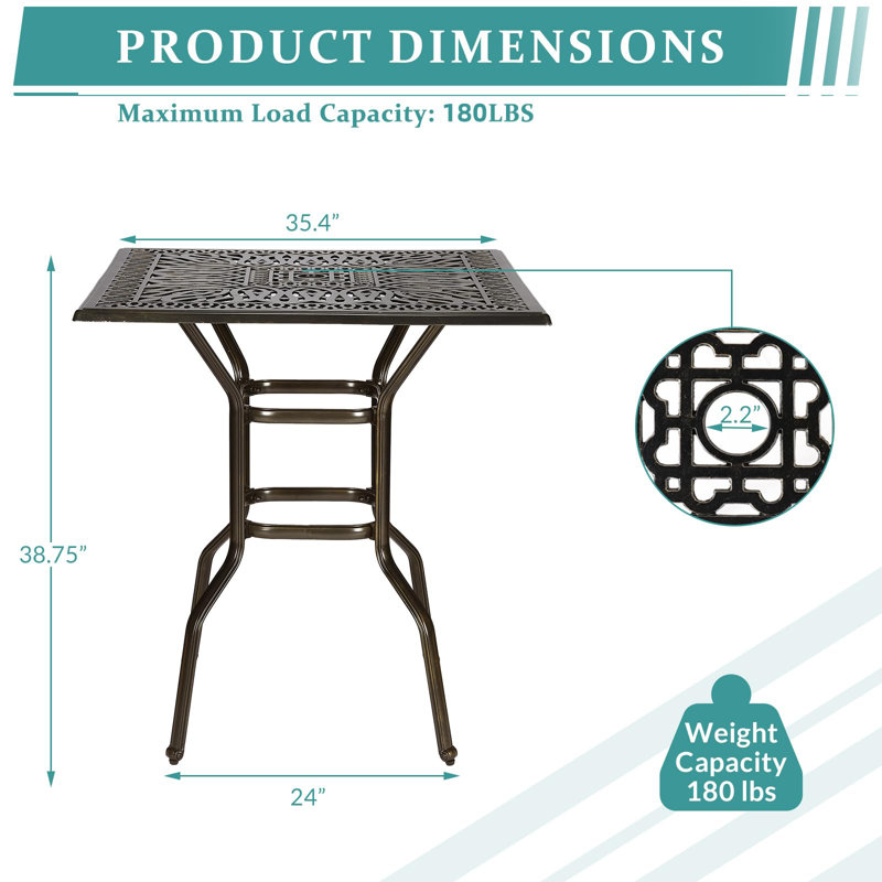 Patio Height Bar Table, 35.4" Bar Height Bistro Table, Outdoor Cast Aluminum Bistro Square High Top Dining Table With 2.2" Umbrella Hole For Garden Deck Backyard, Dark Bronze