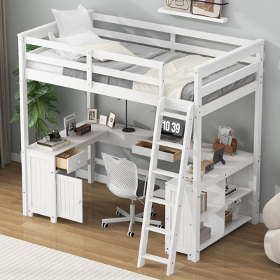 Lit mezzanine double avec bureau en U, tiroirs et tablettes de rangement, structure de lit mezzanine peu encombrante, blanc
