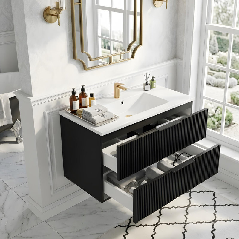 Meuble-lavabo mural avec lavabo en céramique et deux tiroirs, Noir mat, 30