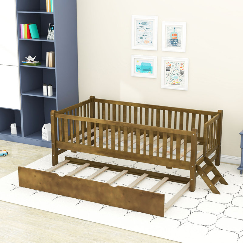 Twin Size Loft Bed With Guardrail And Twin Trundle, Walnut