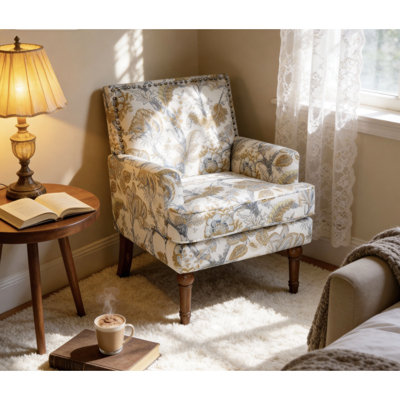 Fauteuil floral, fauteuil d'appoint pour le salon, imprimé traditionnel avec décor doré et gris, pieds en bois massif de 9 po, garniture cloutée au look sur mesure, confort en mousse haute densité, chaise de style jaune terreux,