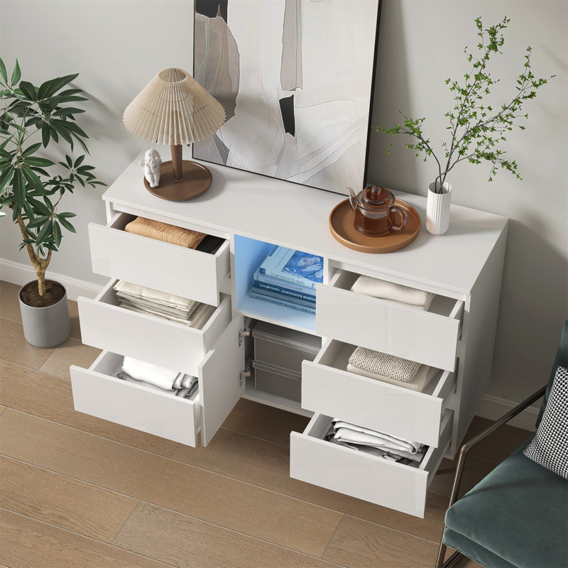 Buffet moderne blanc ultrabrillant avec lumière DEL, grand rangement pour le salon et la cuisine