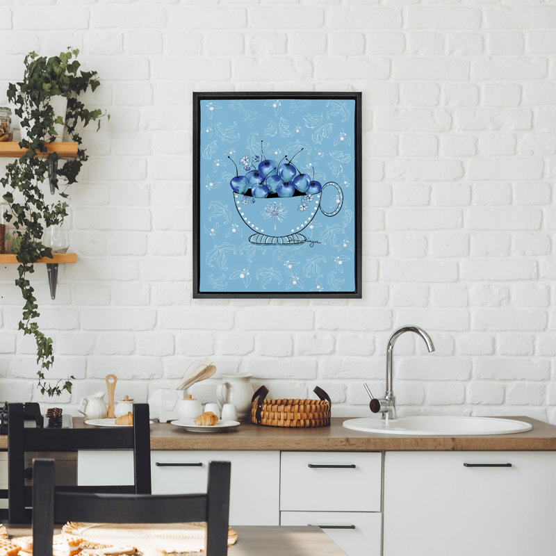 Tasse à thé Blue Cherries sur cadre flottant avec fleurs, design par Susan Lugar, H 31 po x l 25 po