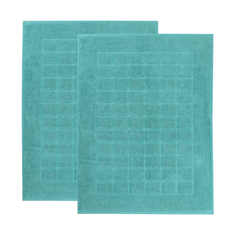 Nora Cotton Terry Solid Absorbent Thick Checkered Washable 2 Piece Bath Mat Set, Turquoise