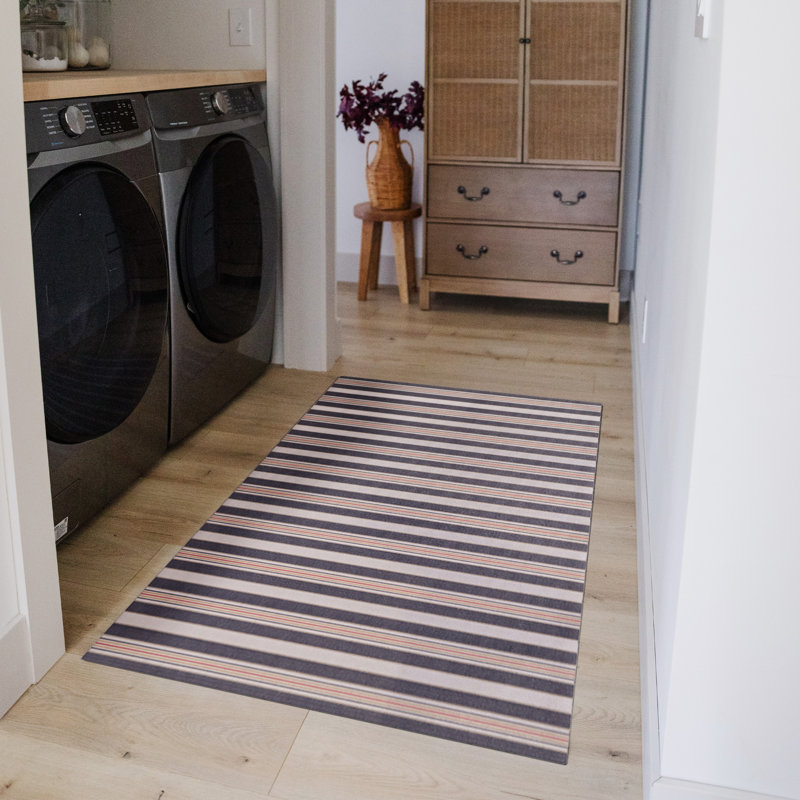 Un-Rug Ticking Stripes Non-Skid Kitchen Mat by Matterly, Rectangle 1'11" x 2'11", Red/Blue
