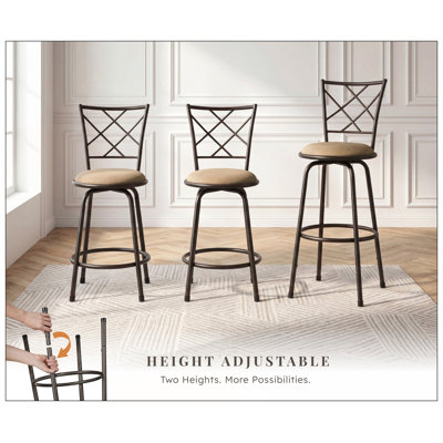 Set of 3 Convertible Swivel Counter Height Bar Stools Plush Rotating Seats Iron Frame Traditional Dining Furniture