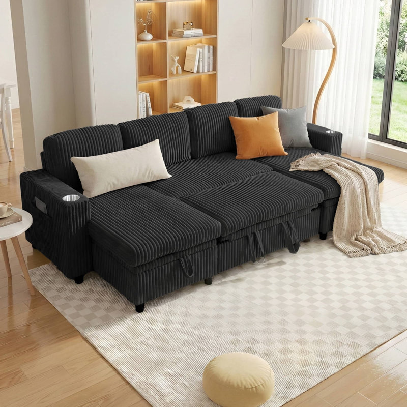 108" Multifunctional U Shaped Modular Sectional Sofa with Pull Out Sleeper, Upholstered Corduroy Deep Seat Couch with Double Storage Chaise for living Room, Black