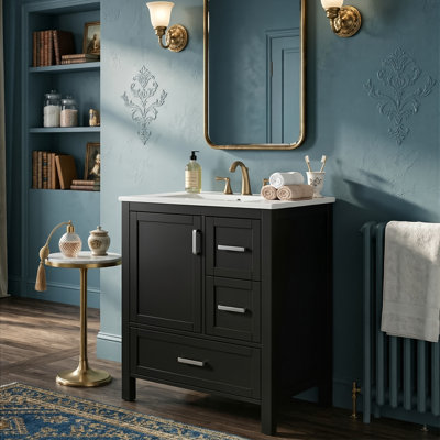 Meuble-lavabo moderne de 24 po avec lavabo, armoire en bois massif avec 3 tiroirs de tri et portes à fermeture en douceur, 4 couleurs