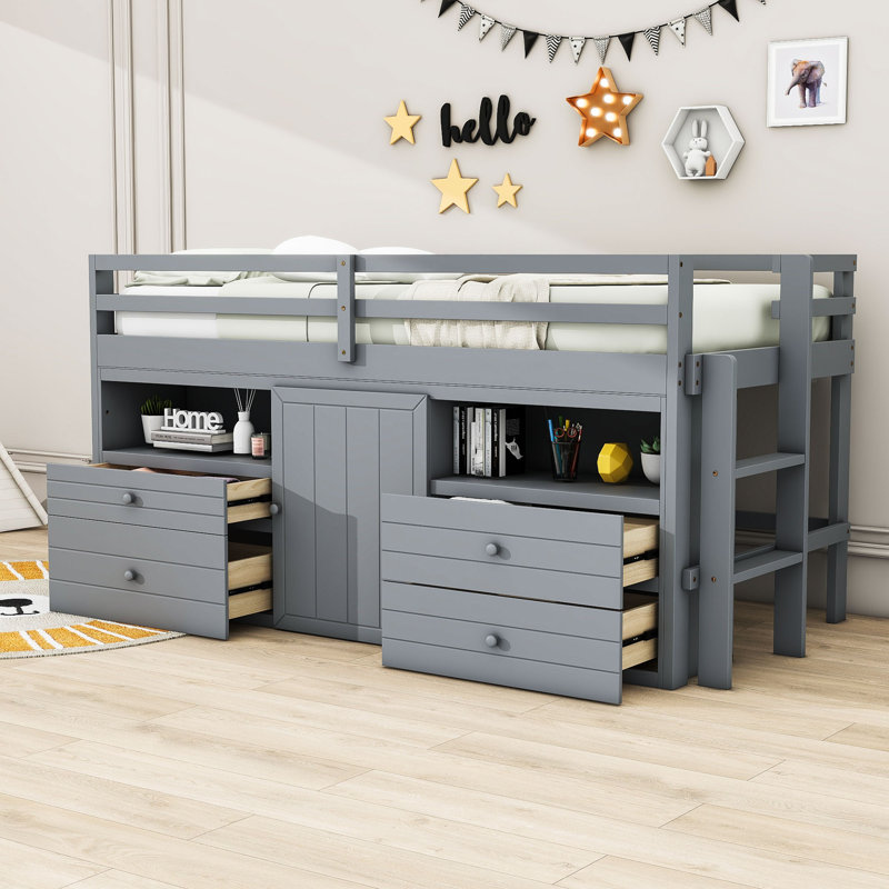 Jeani Kids Bed with Drawers and Shelves, Gray