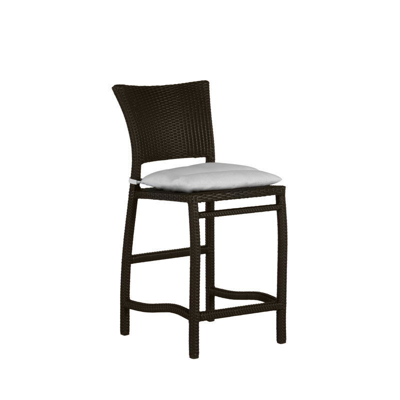 Skye 24" Patio Bar Stool with Cushion, Welt, Arbor Chambray Dove Sunbrella®, Black Walnut