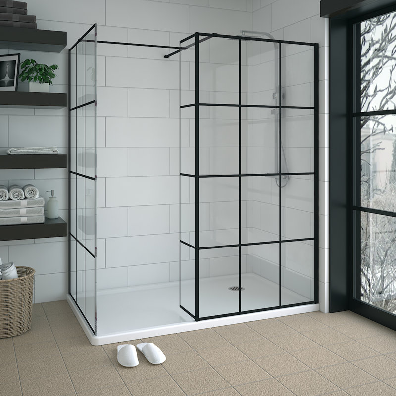 Black Grid Walk In Shower Enclosure Wet Room Glass Screen 1000mm & 1000mm with 215mm Return Panel