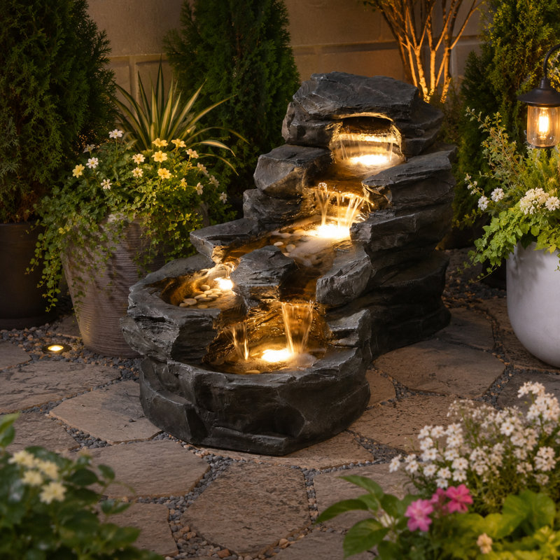 Dorien Handcrafted Outdoor Weather Resistant Floor Fountain with Lights