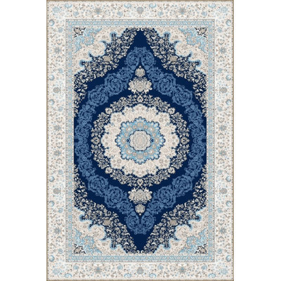 Tapis décoratif floral bleu traditionnel lavable à la machine