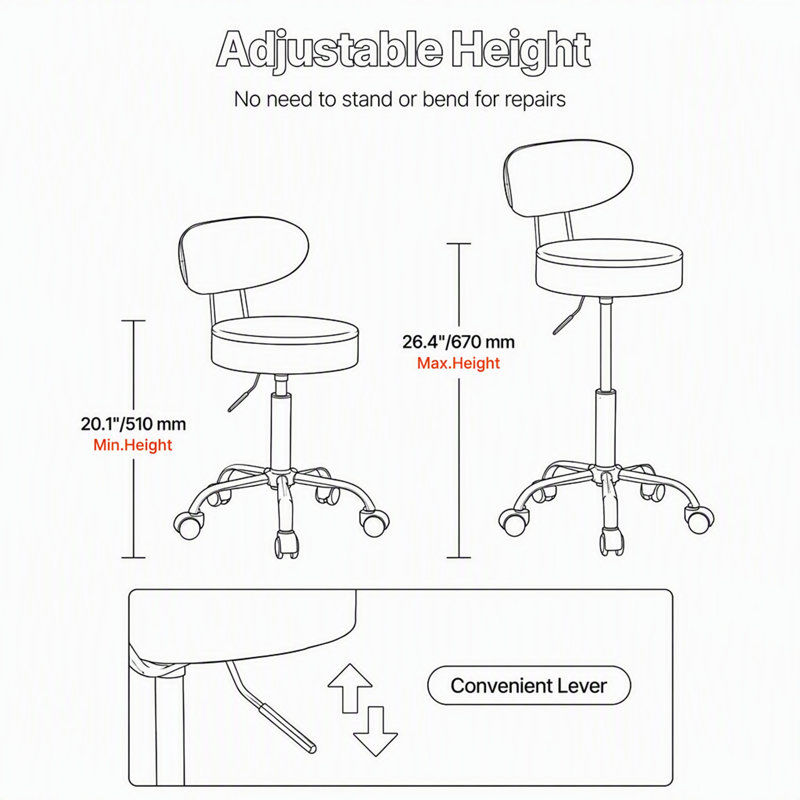 Tabouret d'atelier avec dossier, siège de garage pneumatique réglable avec roulettes