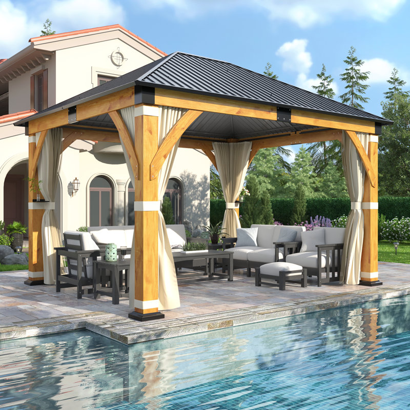 13 Ft. W x 11 Ft. D Outdoor Spruce Wood Gazebo - Galvanized Steel Hardtop with Curtain and Nettings, 13 ft. W x 11 ft. D 
