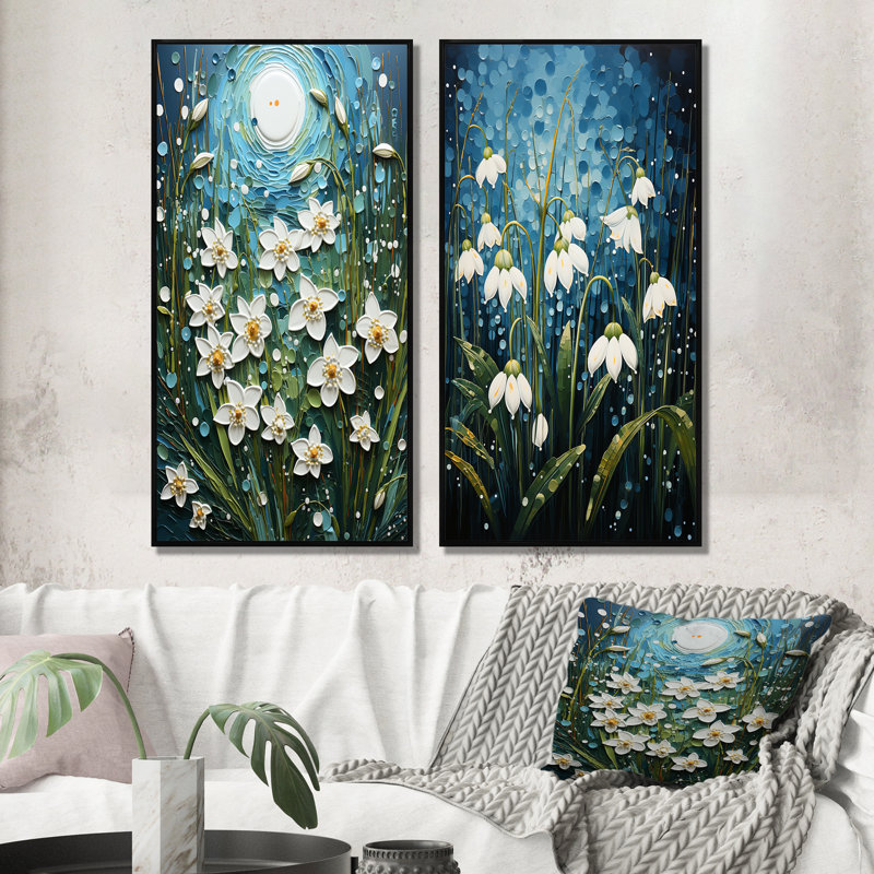 «White Snowdrops Field Pointillism», 2 pièces, H 24 po x l 20 po, Cadre noir