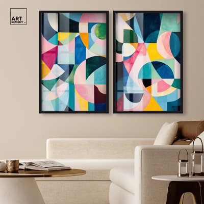 Dynamic Shapes set Shadowbox Print Colorful Wall Decor Set by Art Remedy, Black Frame, 10 x 15