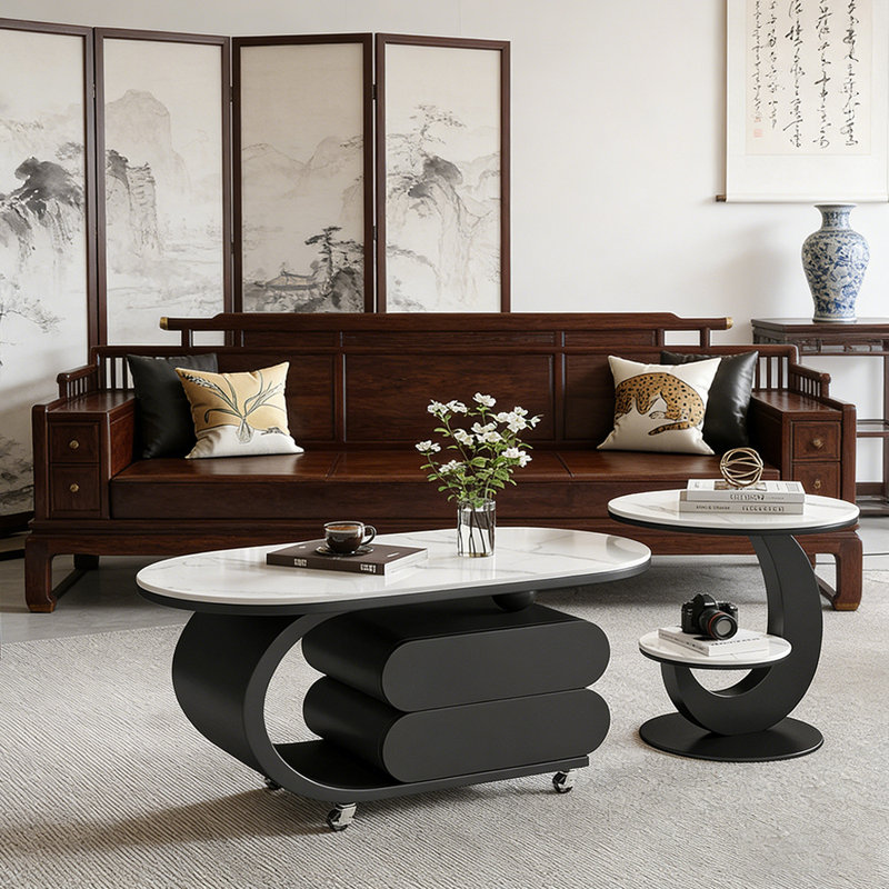 Table basse Rock Slab avec rangement, Blanc / Gris, H 19,68 po x L 35,43 po x l 17,71 po, Noir