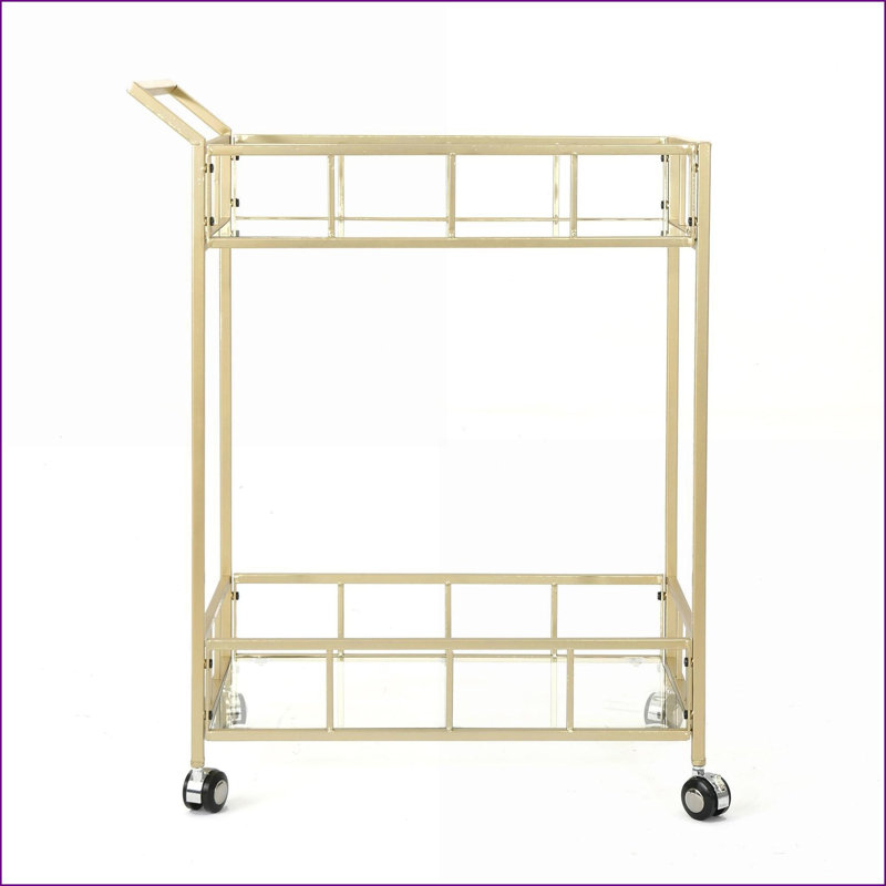 Chariot-bar moderne avec roulettes, tablettes en verre trempé | Verre et métal | Argent brossé