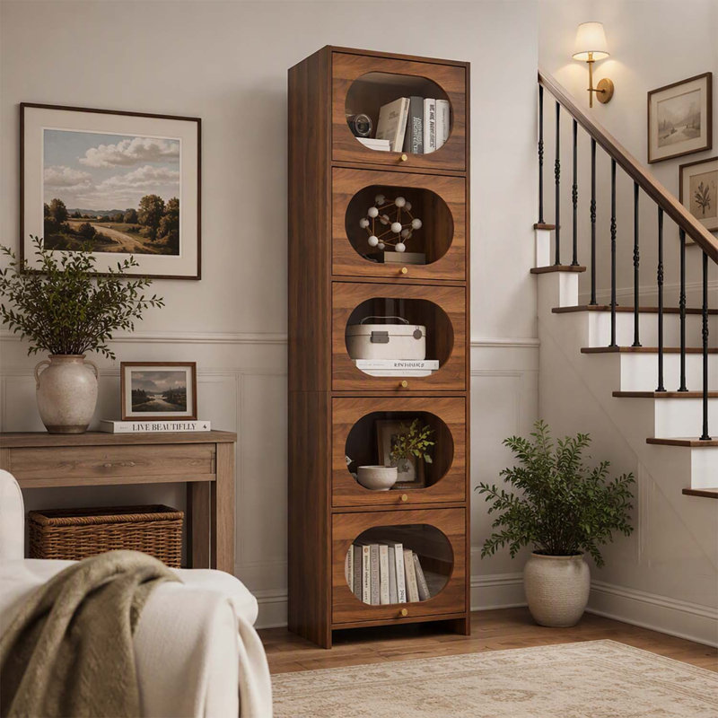 Bibliothèque haute à 5 niveaux avec portes rabattables anti-poussière, meuble de rangement autoportant idéal pour les petits espaces et la décoration moderne