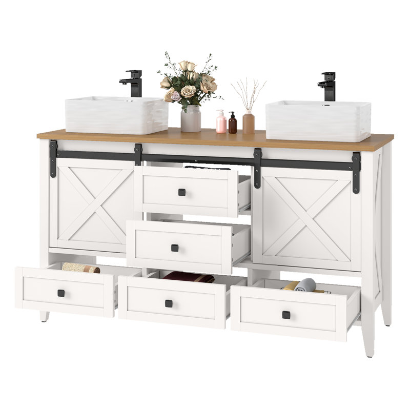 Meuble-lavabo 60 po avec lavabo double, 2 portes de grange coulissantes et 5 tiroirs