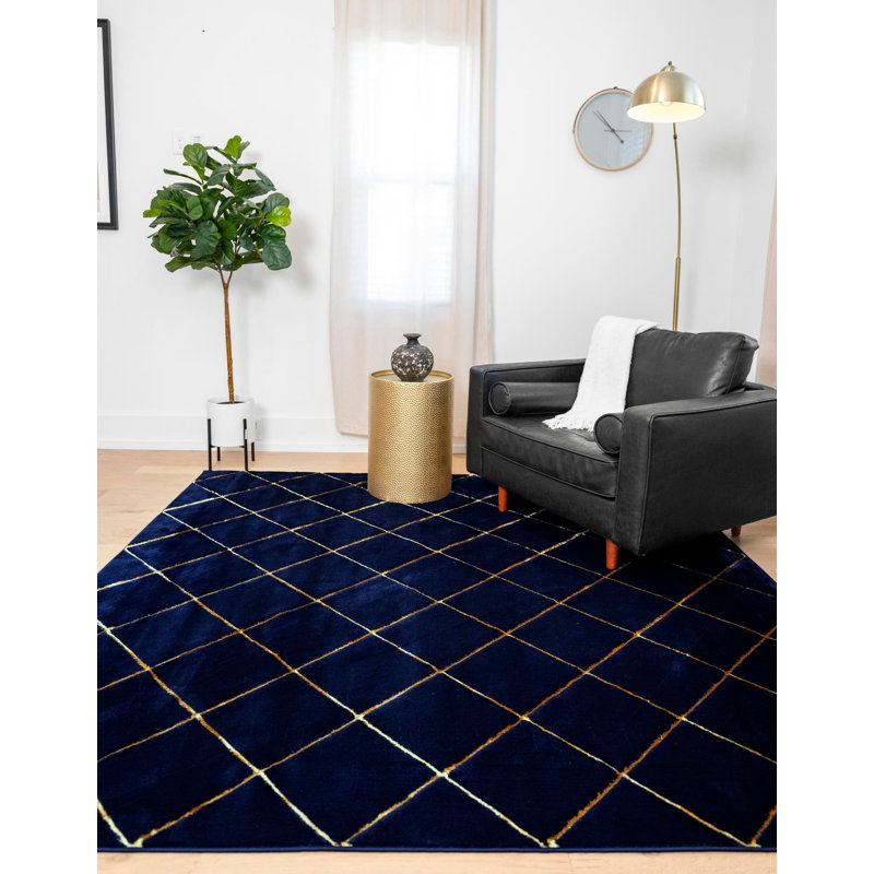 Contemporary Etowah Area Rug Navy Blue and Gold Color, Square 7'10"