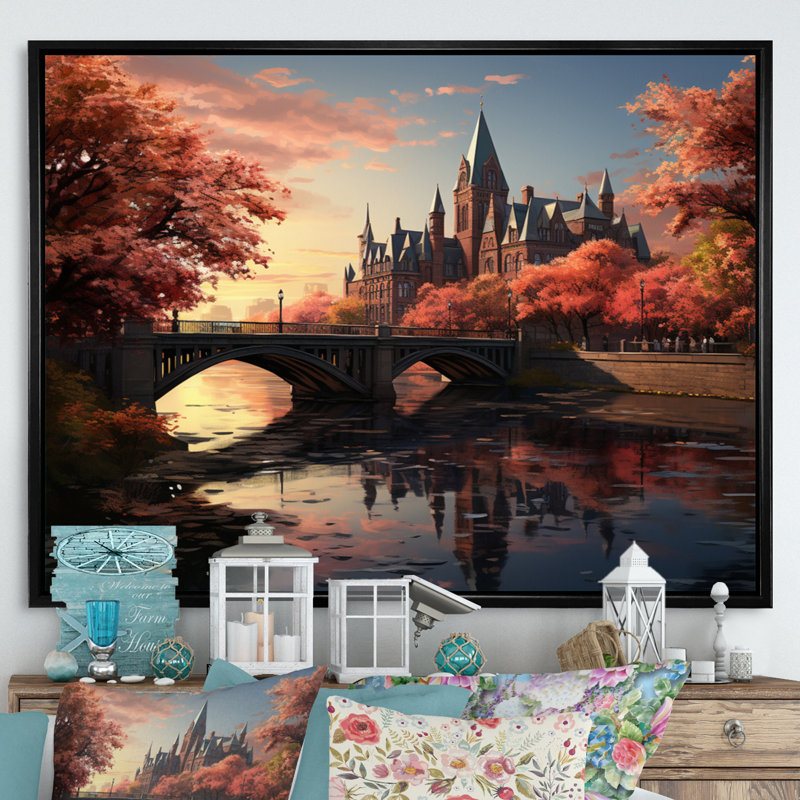 «College On Pond Memories» sur toile, H 24 po x l 32 po x P 1 po, Cadre flottant noir