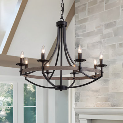 8 - Light Steel Candle Style Dimmable Wagon Wheel Chandelier