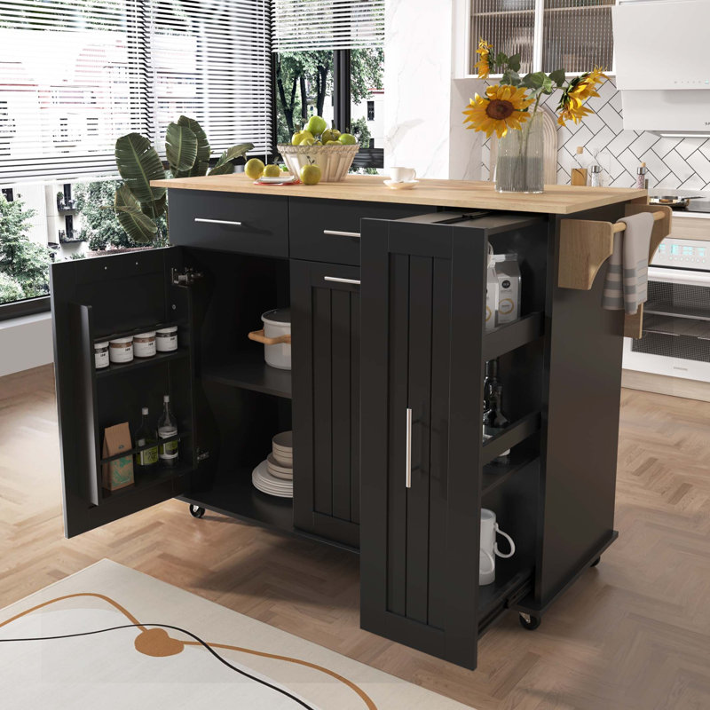 Kitchen Island with Drop Leaf, Kitchen Storage Cart with 3 Tier Pull Out Cabinet Organizer, Internal Storage Rack, Rolling Kitchen Cart on Wheels with Towel Rack, 2 Drawers, for Kitchen