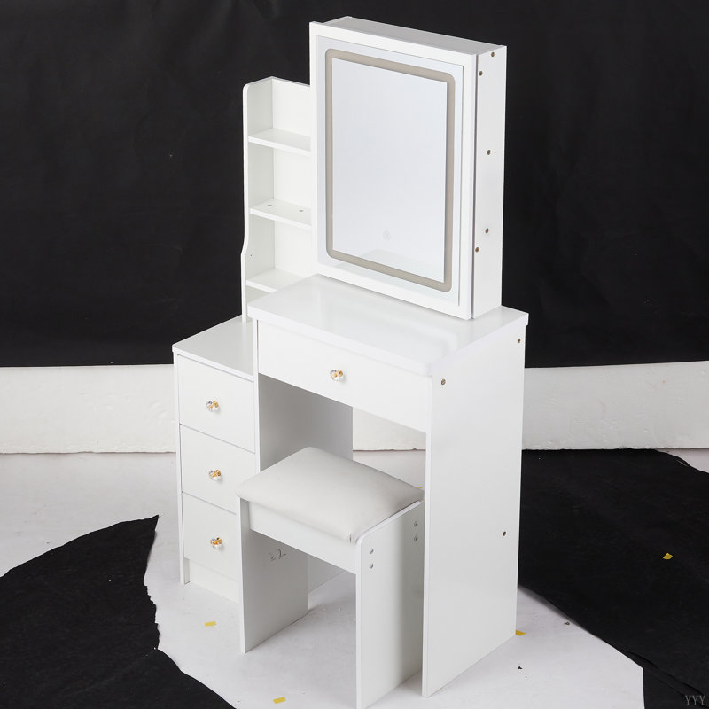 Petite coiffeuse de 29,2 po avec tabouret de chevet gauche + grand tabouret rembourré, commande tactile, interrupteur tricolore, miroir à luminosité réglable, rangement à grande capacité, convient aux petits espaces
