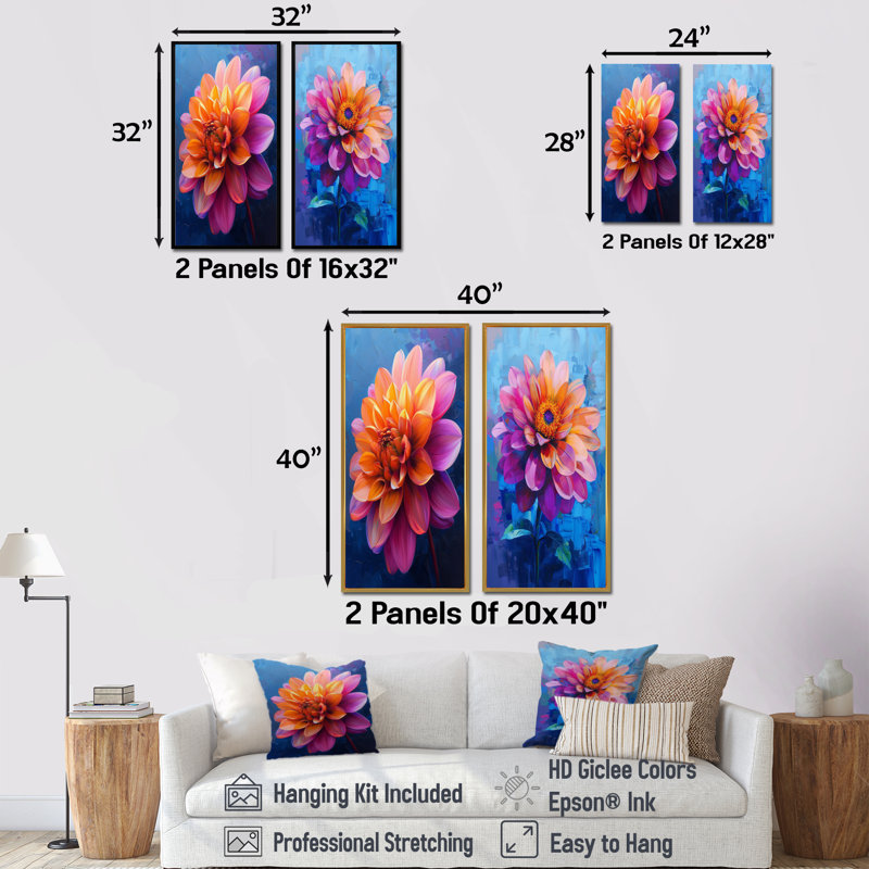 Dahlia mauve orange sur fond bleu I - ensemble d'art mural 2 pièces Dahlia, H 28 po x l 24 po, Impression encadrée, Brun