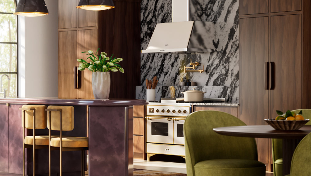 Modern kitchen with dark wood cabinetry, a plum-colored island with gold-accented bar stools, and a marble backsplash behind a dual-fuel range.