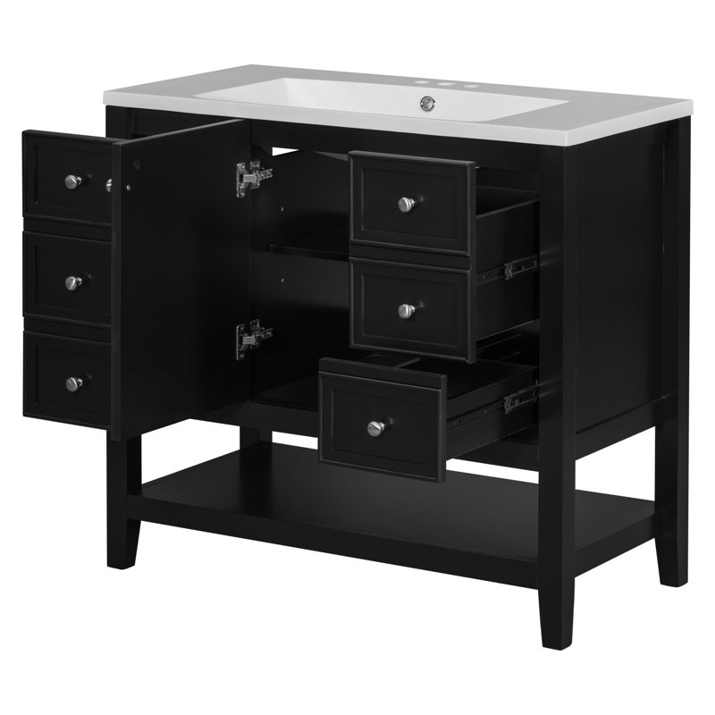 36" Bathroom Vanity With Sink Combo, One Cabinet And Three Drawers, Solid Wood And MDF Board, Black