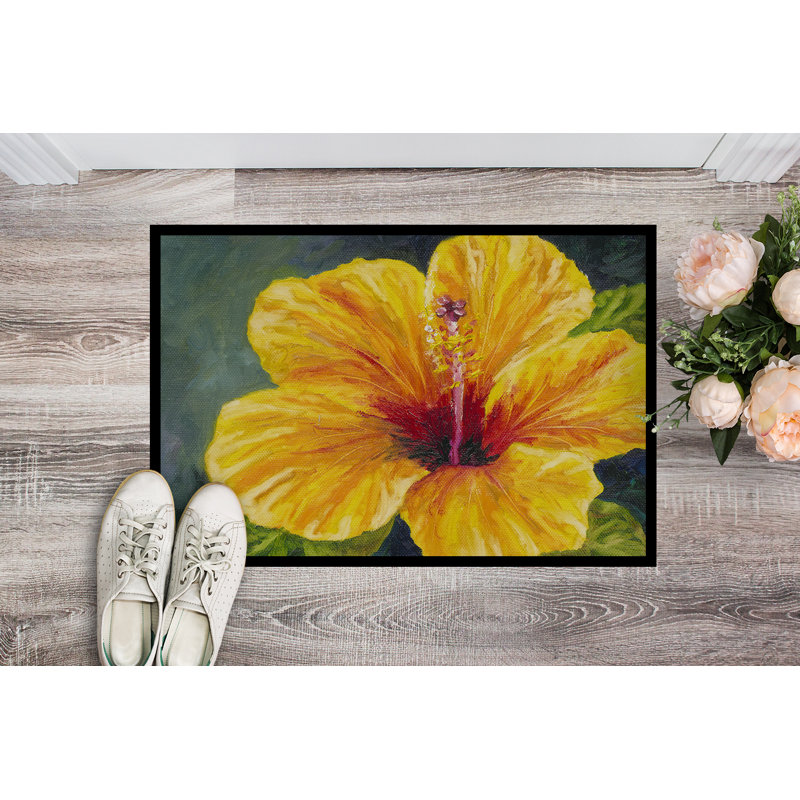 Paillasson d’extérieur antidérapant jaune d’hibiscus Walberg, Rectangle 2 pi x 3 pi