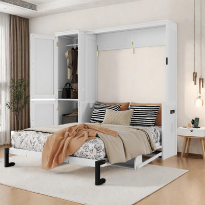 Grand lit escamotable en bois avec bureau et garde-robe, lit mural peu encombrant avec vérins à gaz et station de charge, blanc