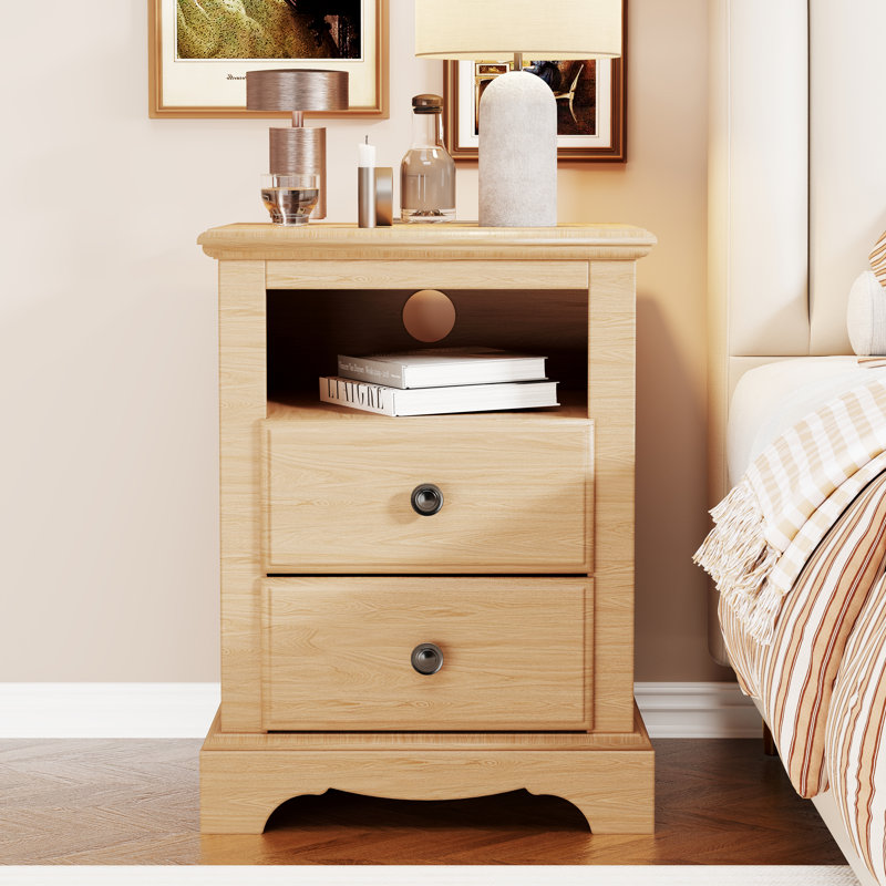 End Table with Charging Station and 2 Drawers, Natural Wood