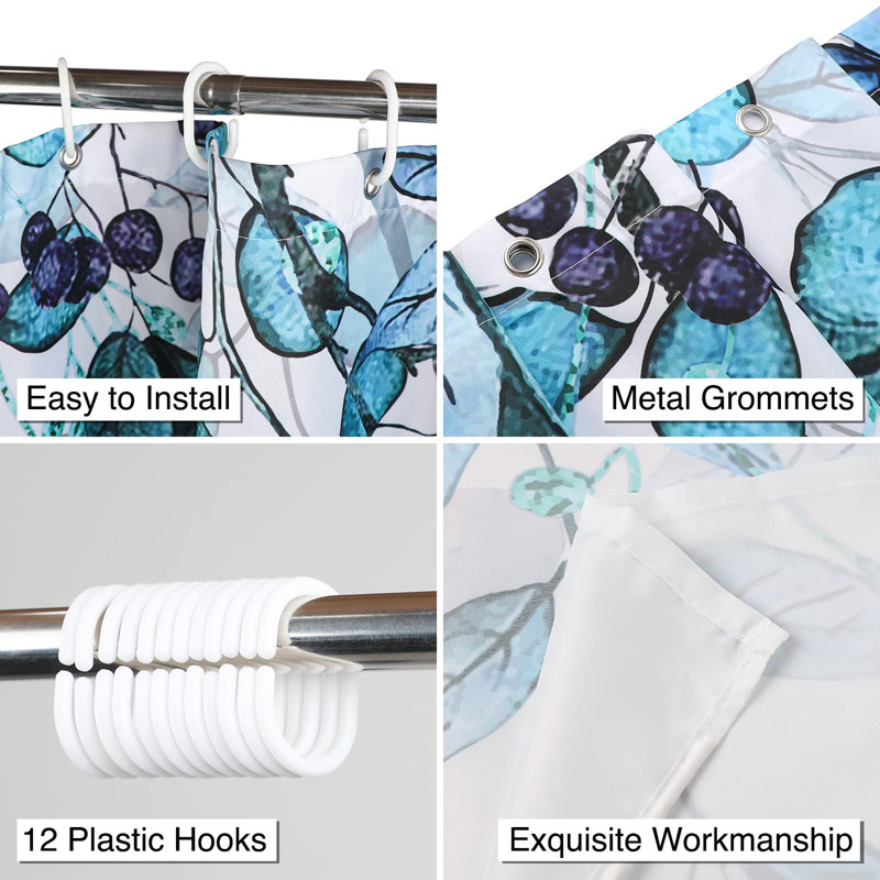 Bathroom Shower Curtain with 12 Hooks, Blue Floral 2