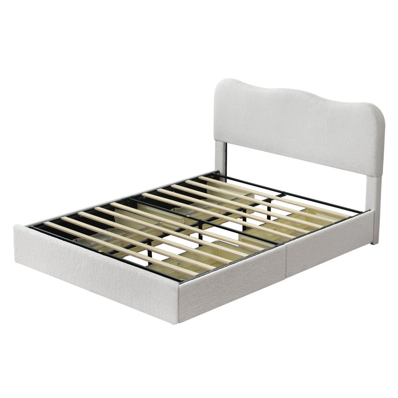 Lit plateforme tapissier courbé avec 4 tiroirs, Crème, Grand lit