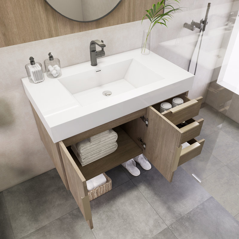 Ensemble de meuble-lavabo simple mural 35,4 "Mariyon, Chêne clair