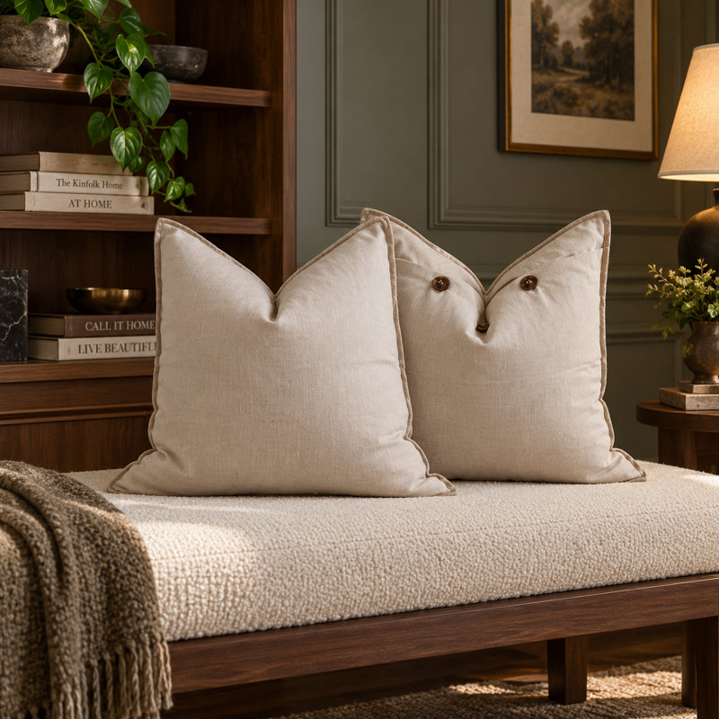 Housse de coussin décorative Aditya Birla 100 % lin, dos boutonné, Beige, Carré 20 po