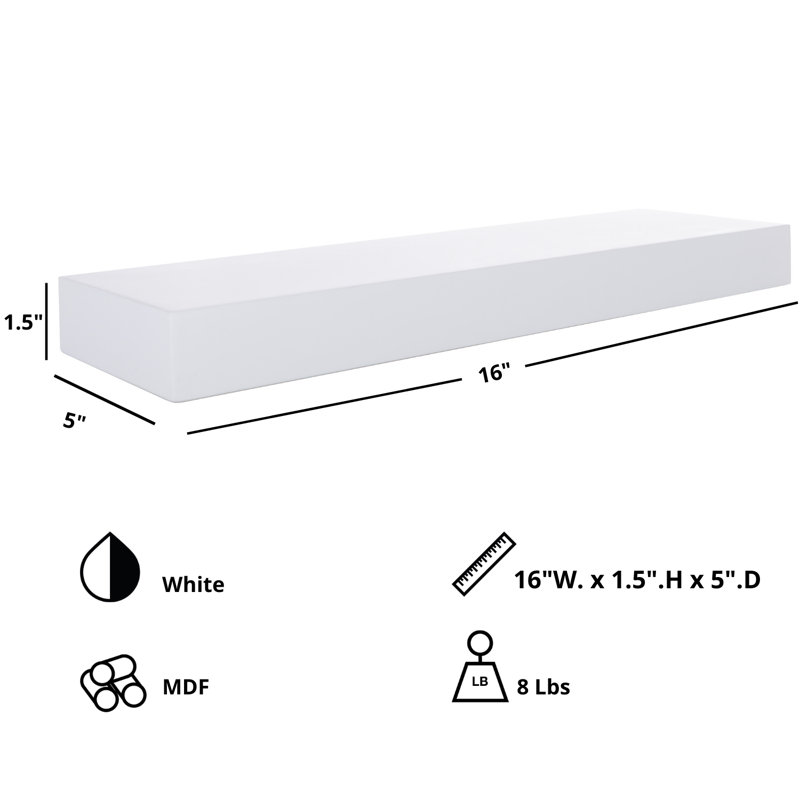 Tablette flottante Mourya, H 1,5 po x l 16 po x P 5 po, Blanc