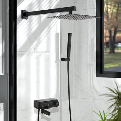 Système de douche à pluie 3 fonctions, fixation murale avec bec pliable, noir mat