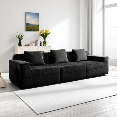 Black Corduroy Cloud Sofa, Modular Three-Seater Frameless Model, Deep Seat Support, With Cushions To Suit A Variety Of Home Styles