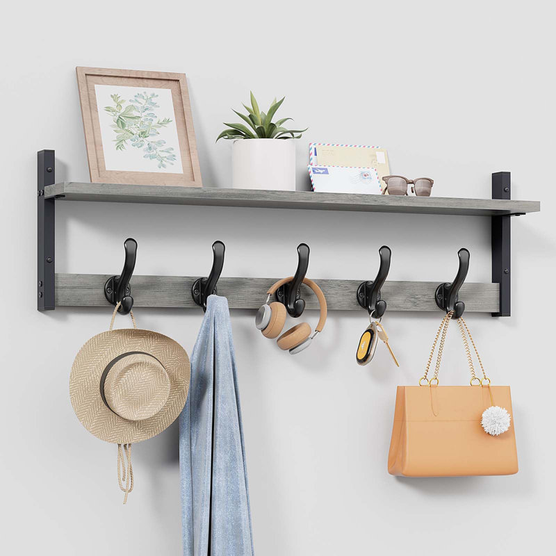Portemanteau mural 29 "avec tablette, crochets muraux pour entrée et tablette, Gris