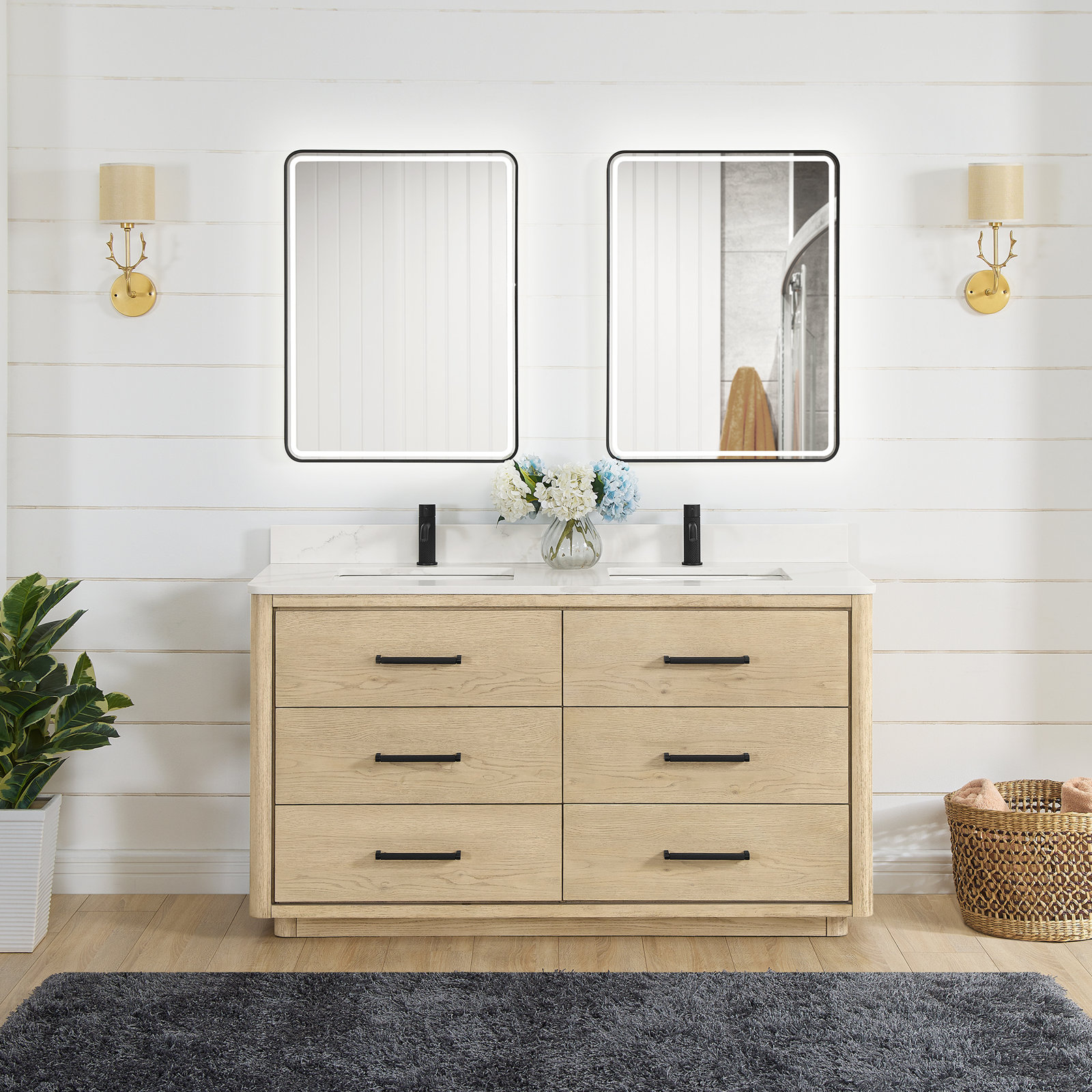 Porto 60'' Double Bathroom Vanity, Natural Oak, Matte Black