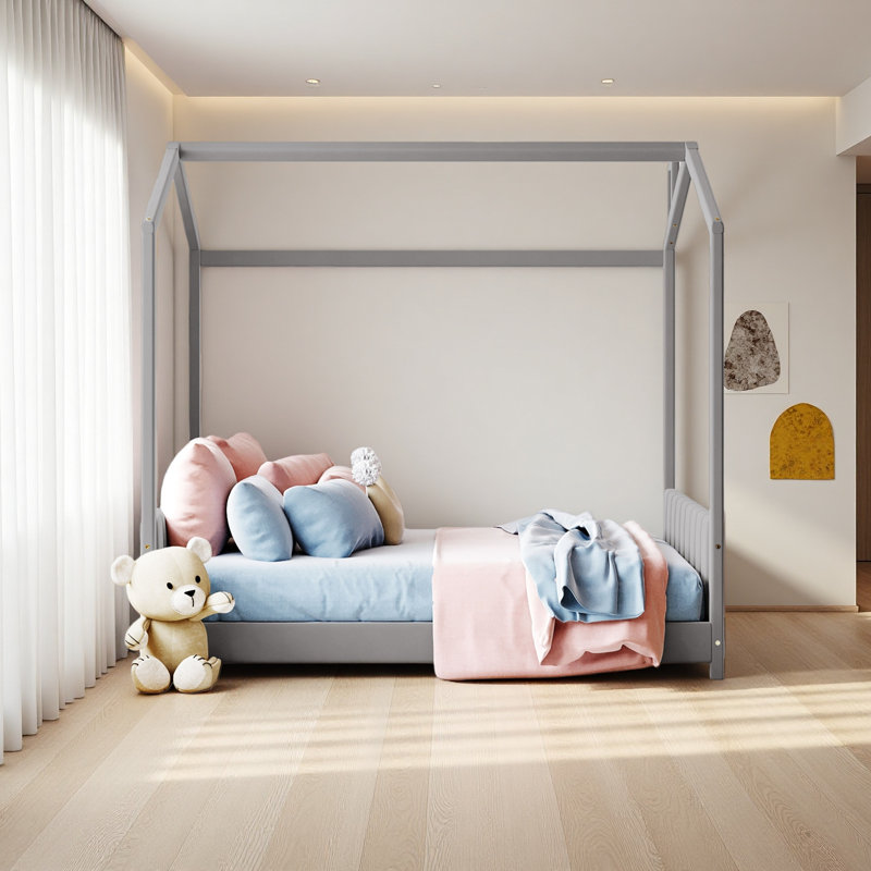 Velvet House Bed Wood Bed, Gray, Full