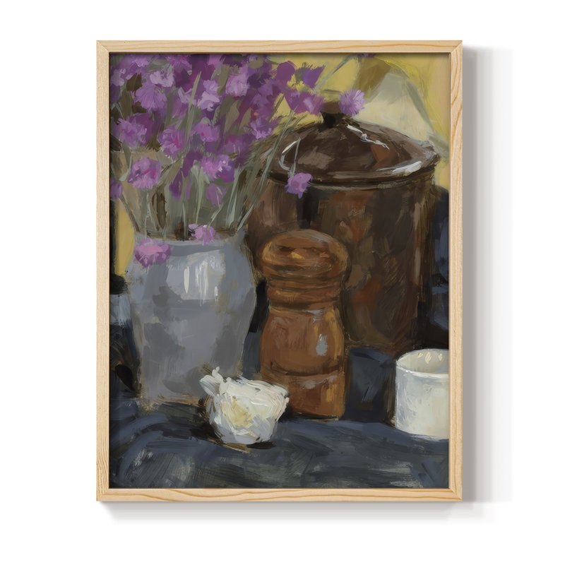 Nature morte avec fleurs séchées I, reproduction encadrée - bois massif, Naturel, H 15 po x l 12 po